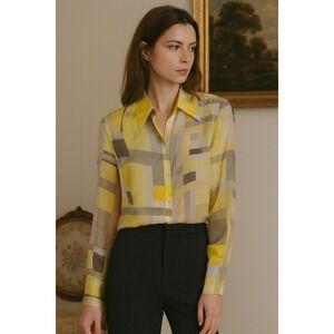 Escada Abstract yellow silk button down shirt size 34‎ quiet luxury old money 4